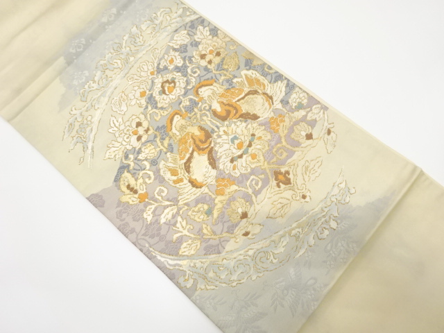 向かい鳥に花唐草模様織出し袋帯